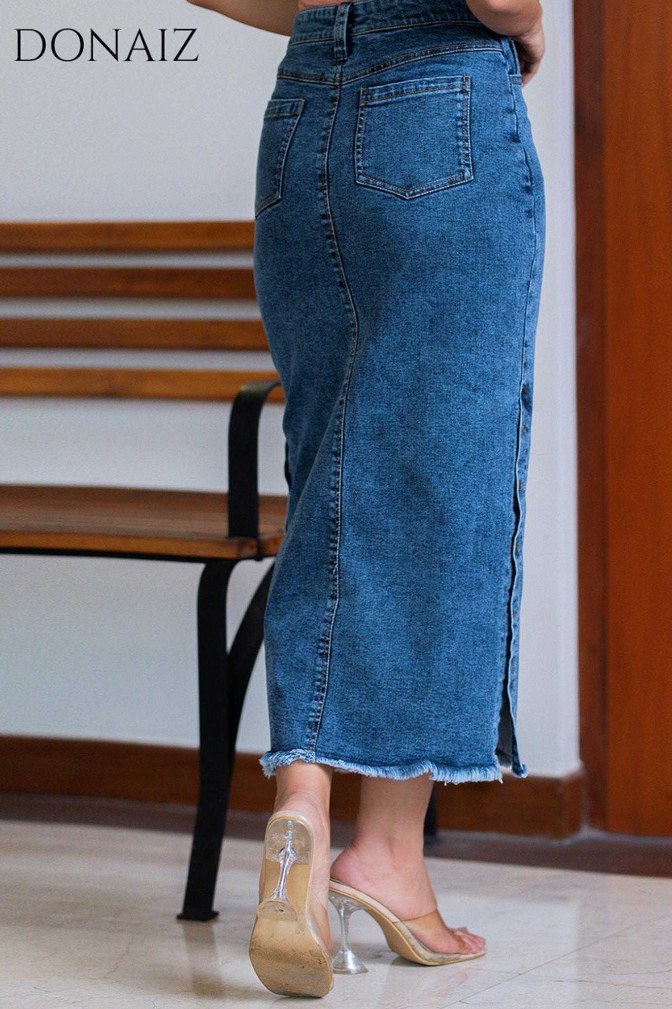 Side Buttoned Long Denim Skirt