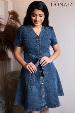 V Neck Denim Dress with a Belt