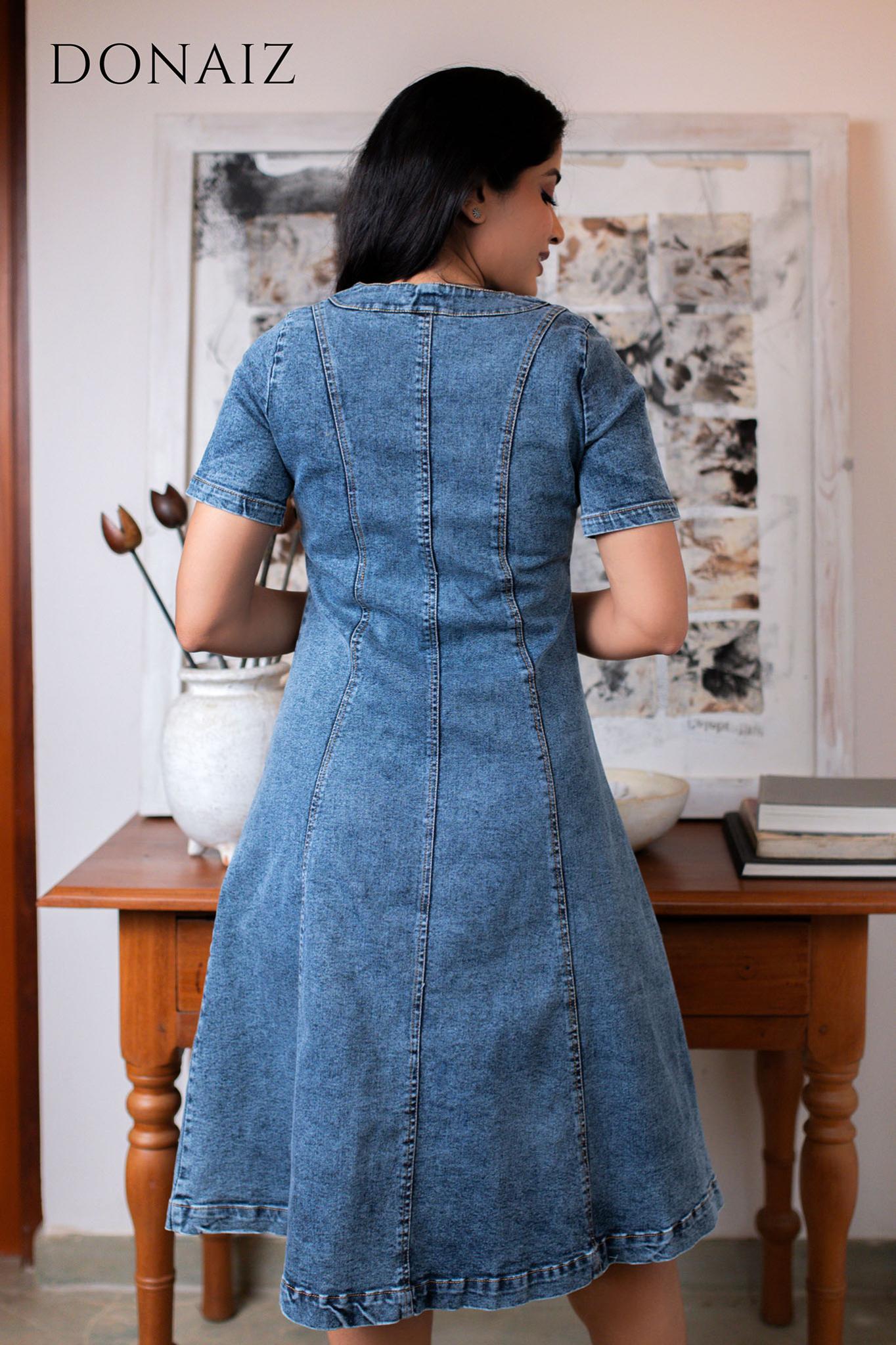 V neck fit and flare midi Denim dress