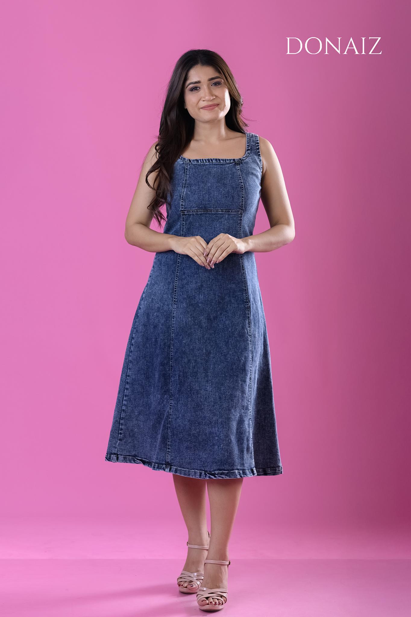 DONAIZ Square Neck A Line Denim Dress