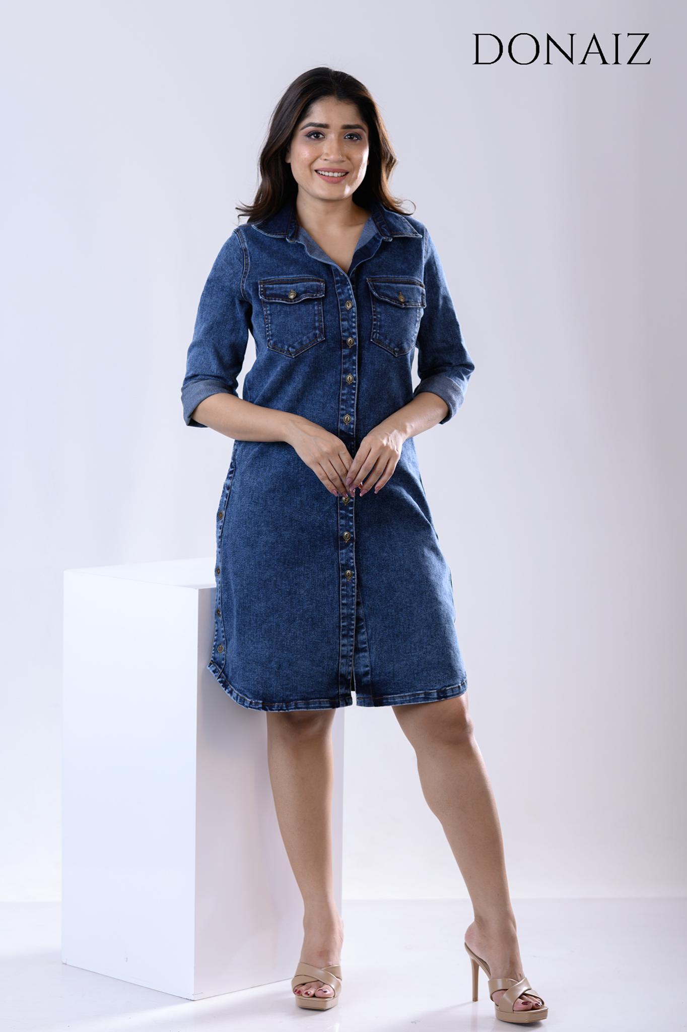 DONAIZ Stylish Roll sleeve Denim Shirt Dress (Re)