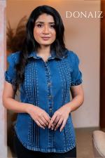 Elegant pleated detailed Puffy Sleeve Denim top