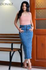 Side Buttoned Long Denim Skirt