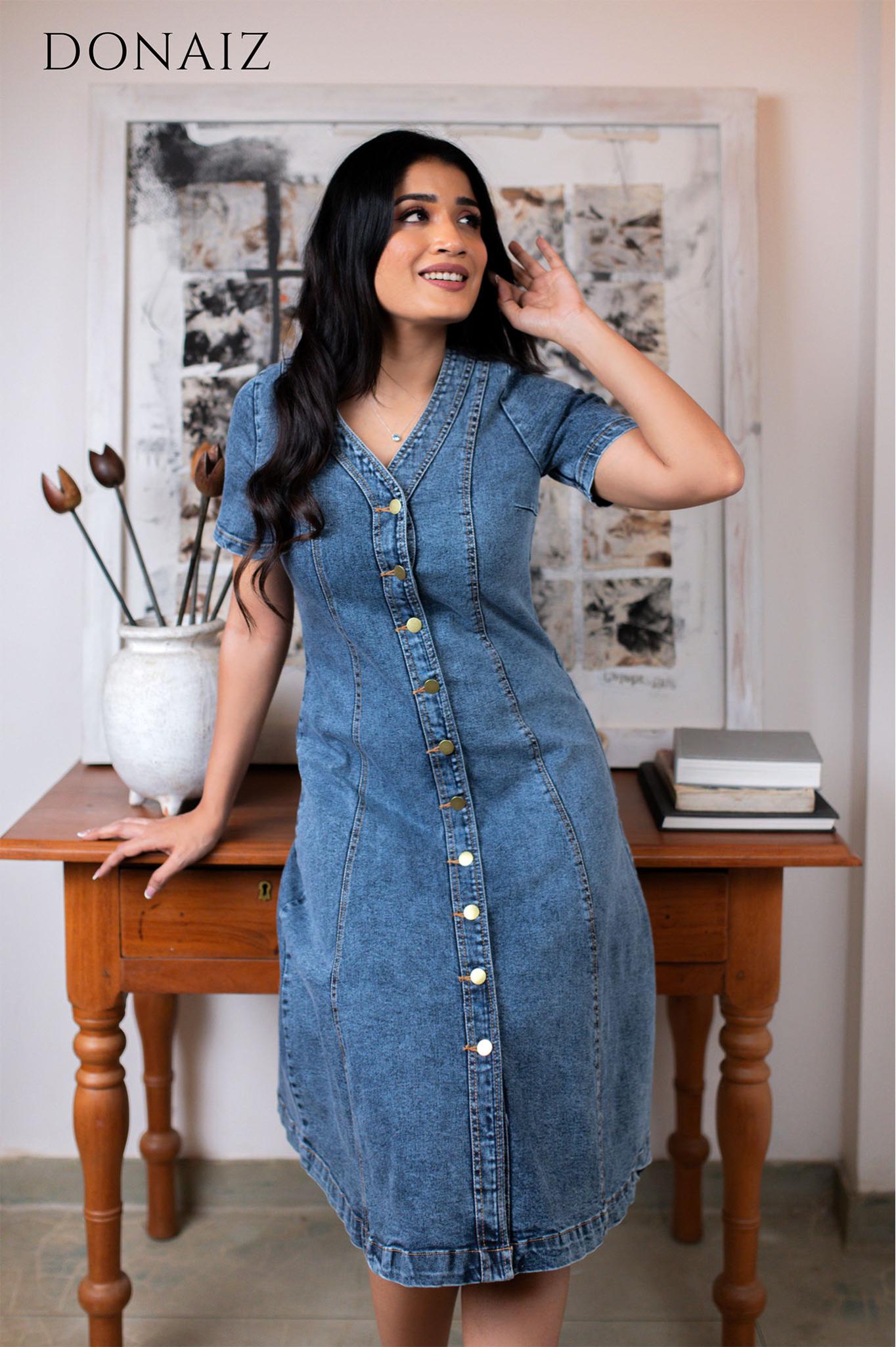 V neck fit and flare midi Denim dress