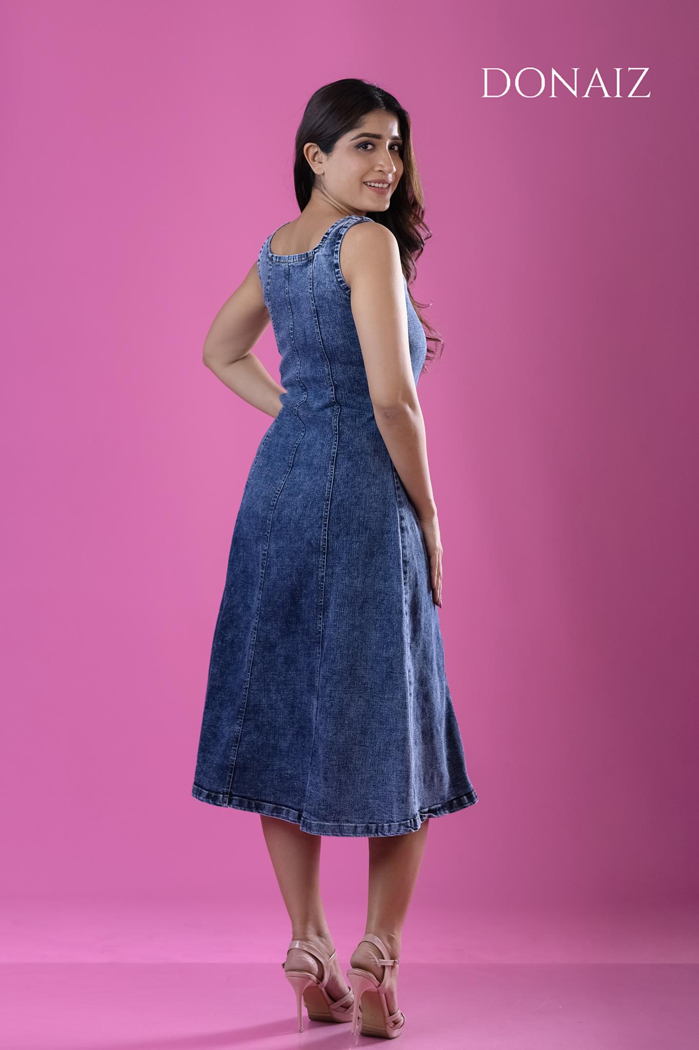 DONAIZ Square Neck A Line Denim Dress