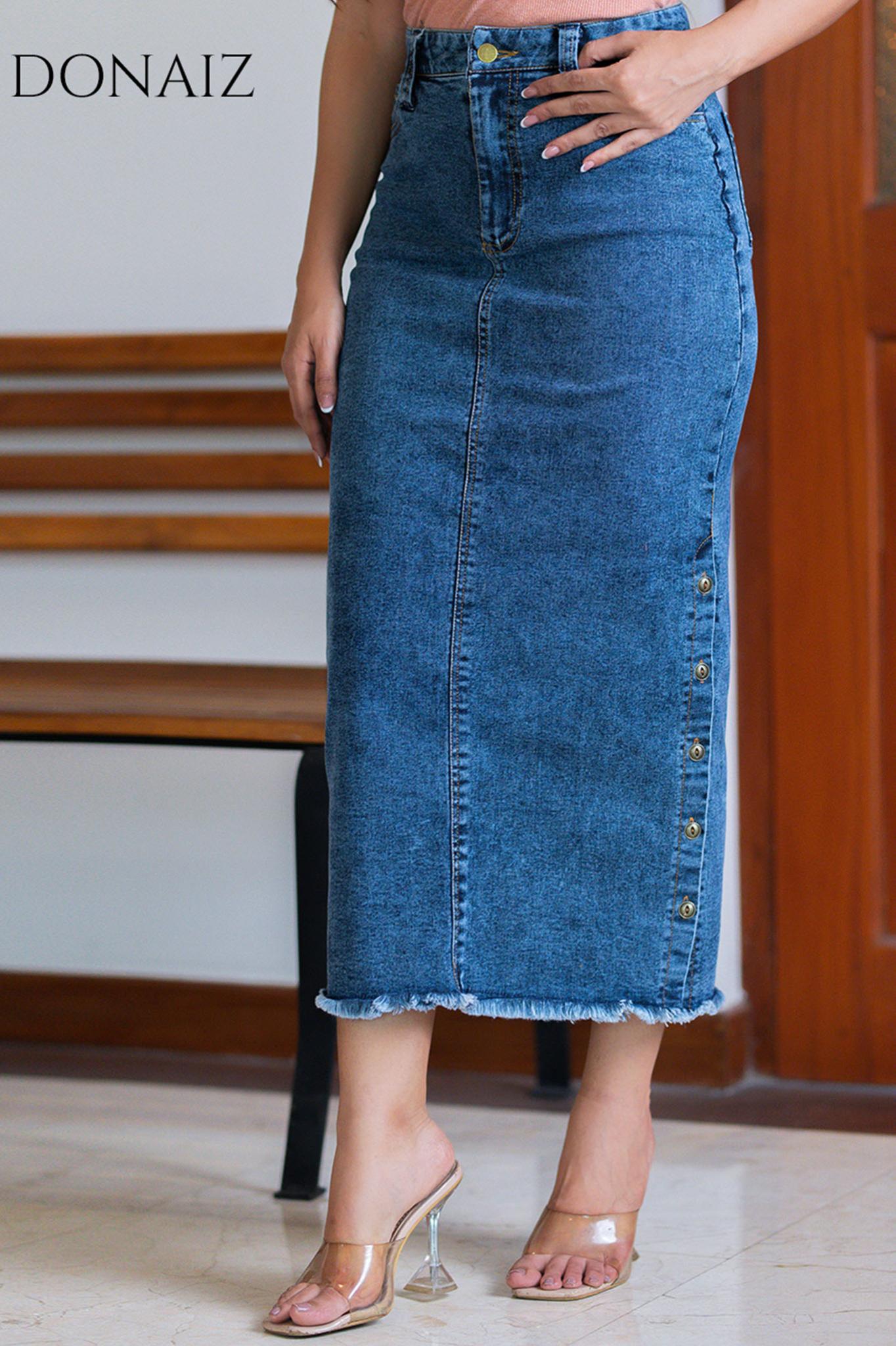 Side Buttoned Long Denim Skirt