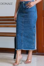 Side Buttoned Long Denim Skirt