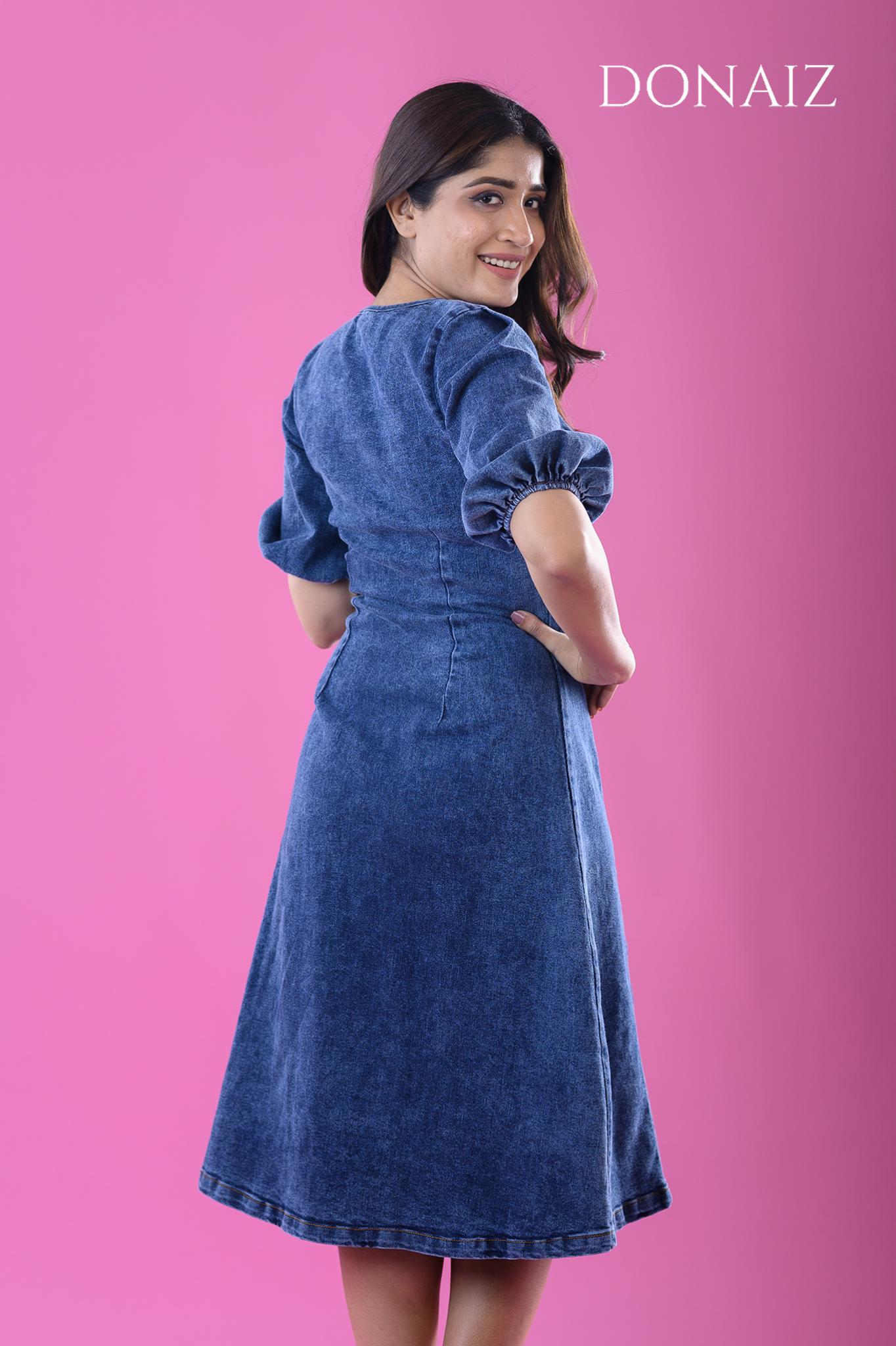 DONAIZ Fit and Flare V neck Puffy Sleeved Midi Dress