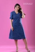 DONAIZ Fit and Flare V neck Puffy Sleeved Midi Dress