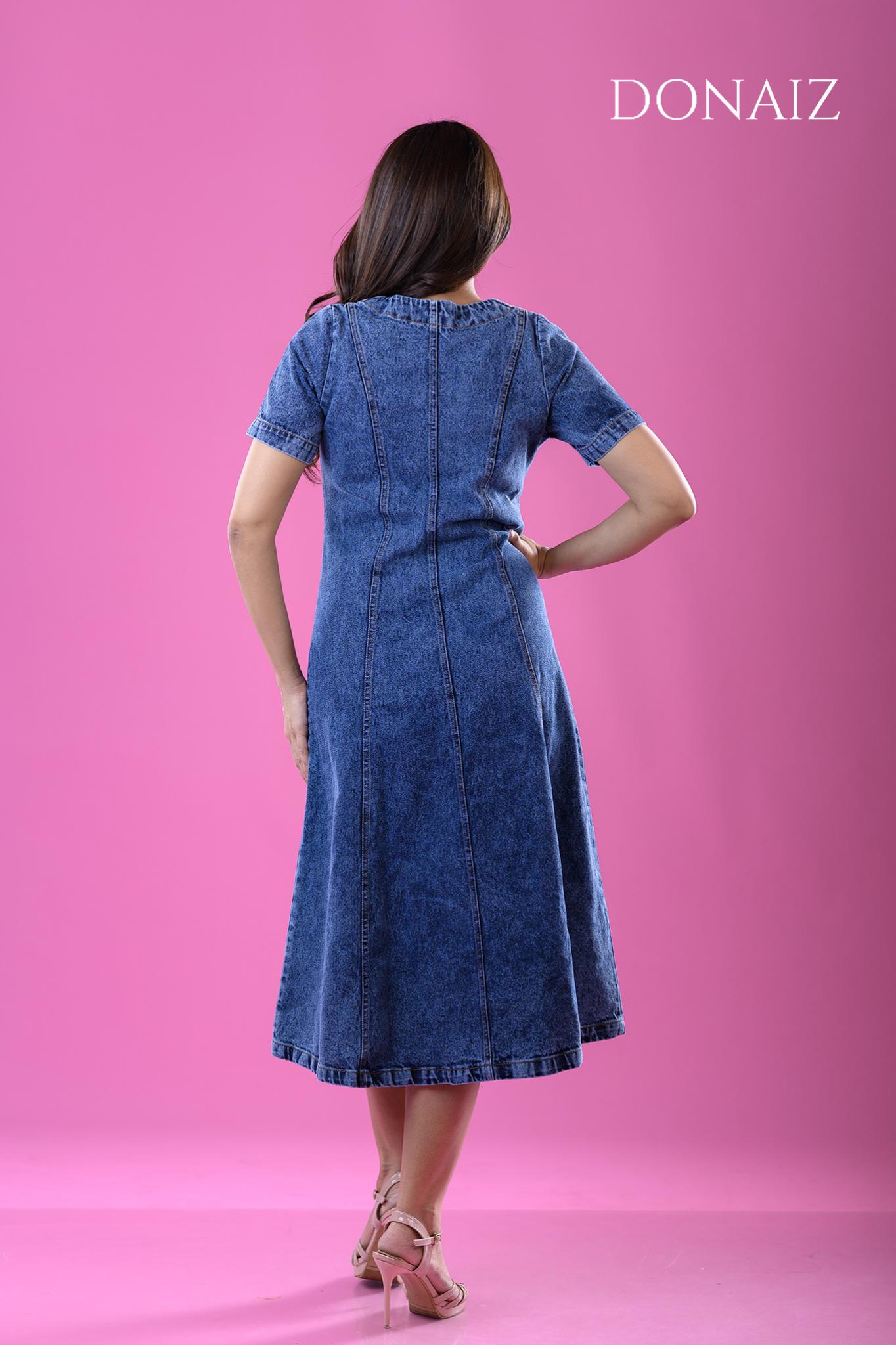 DONAIZ V Neck Fit and Flare Denim Dress