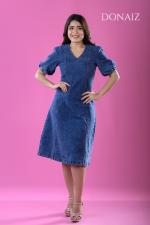 DONAIZ Fit and Flare V neck Puffy Sleeved Midi Dress