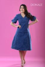 DONAIZ Fit and Flare V neck Puffy Sleeved Midi Dress