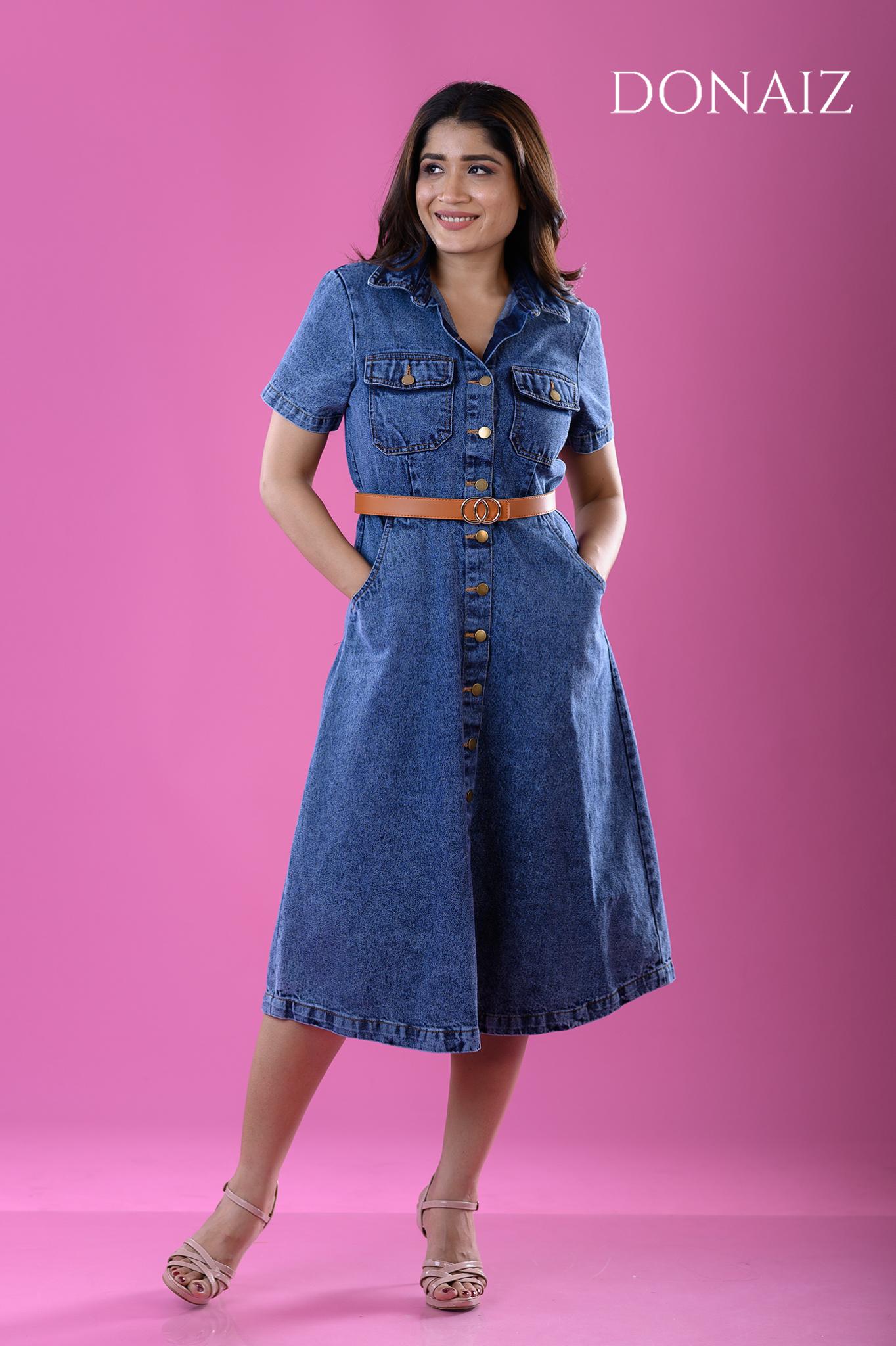 DONAIZ Elegant denim midi dress with short sleeves
