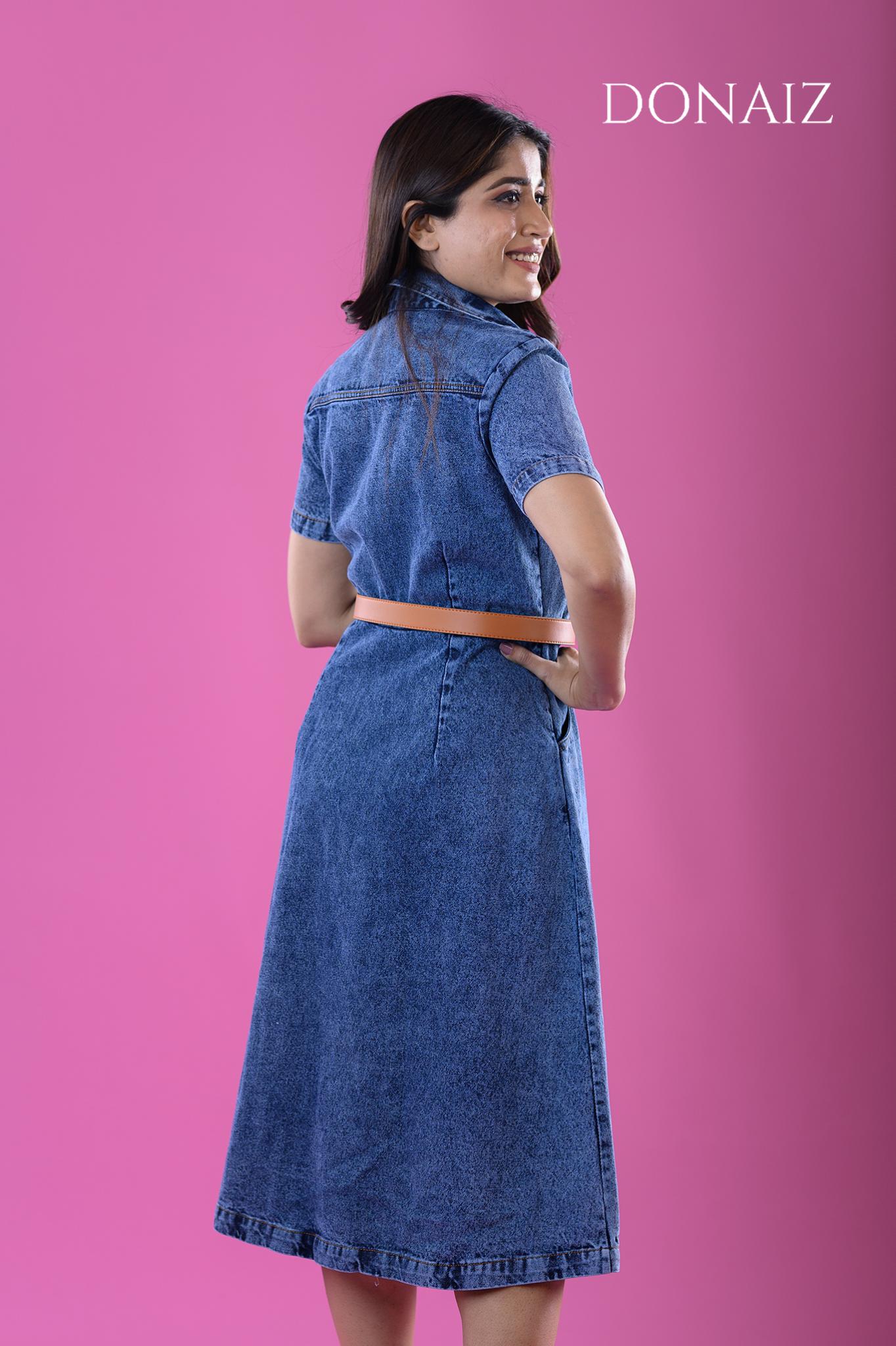 DONAIZ Elegant denim midi dress with short sleeves