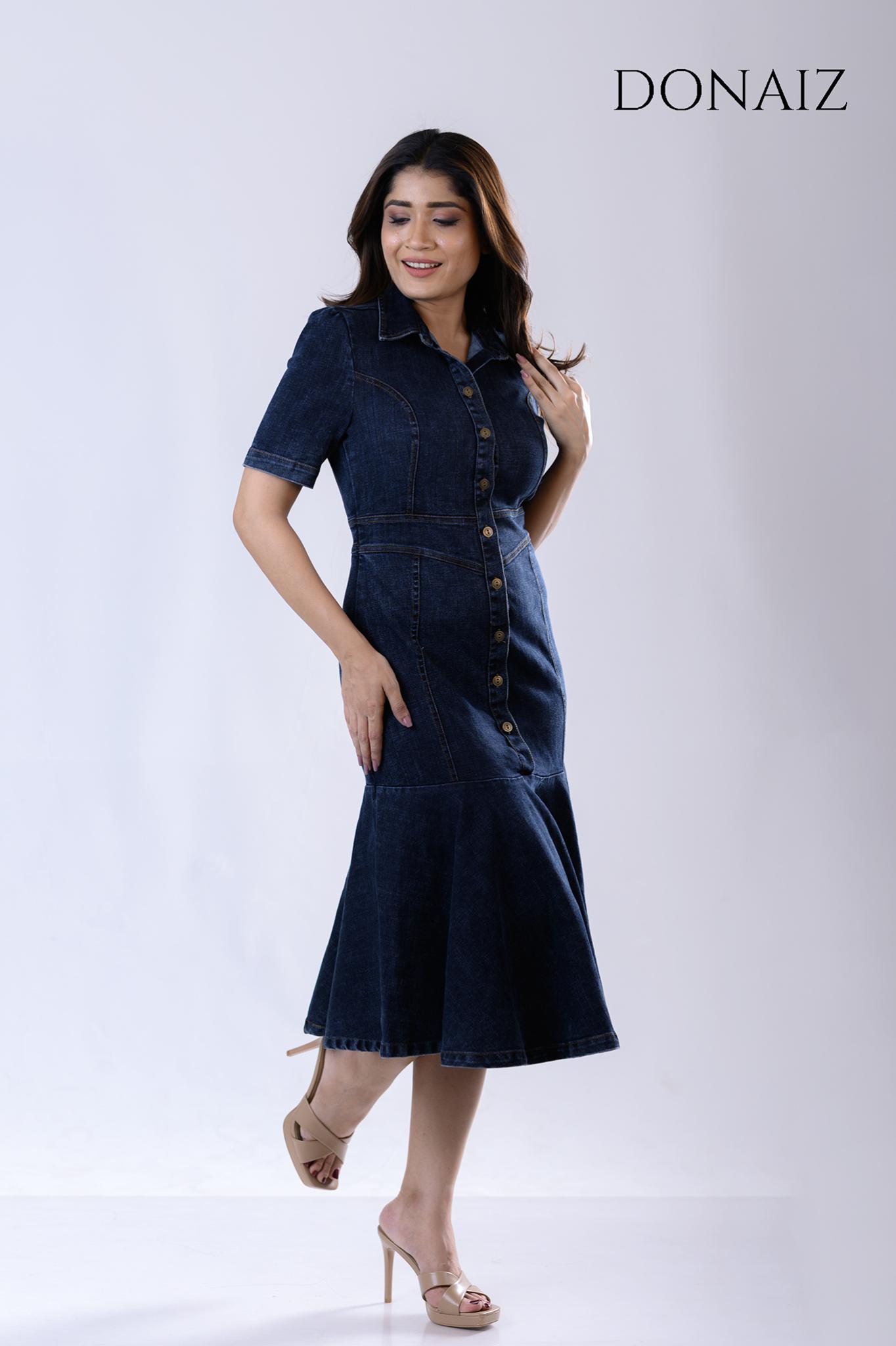 DONAIZ Flared denim Midi Dress