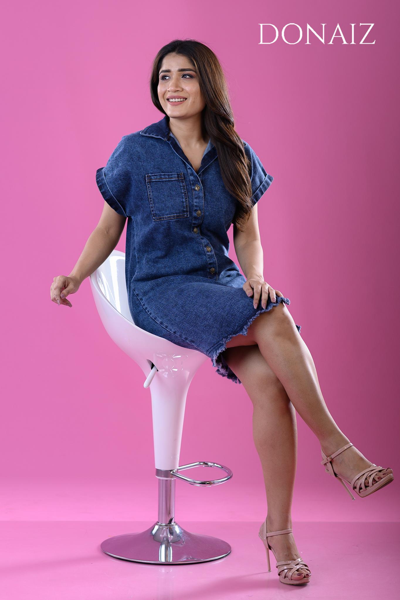 DONAIZ Frayed Hem Denim Shirt Dress