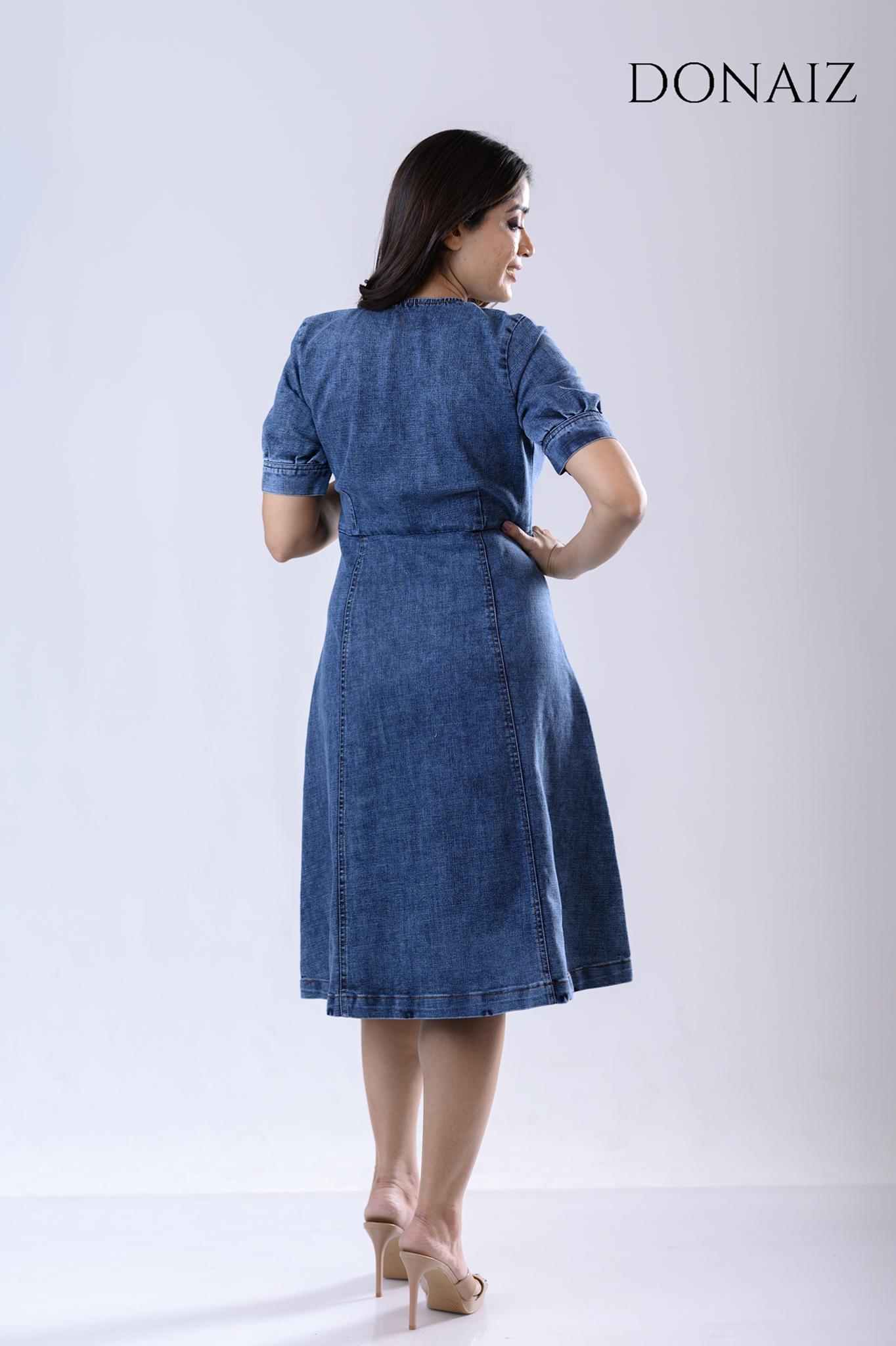 DONAIZ Solid Blue denim dress buttoned up to weist