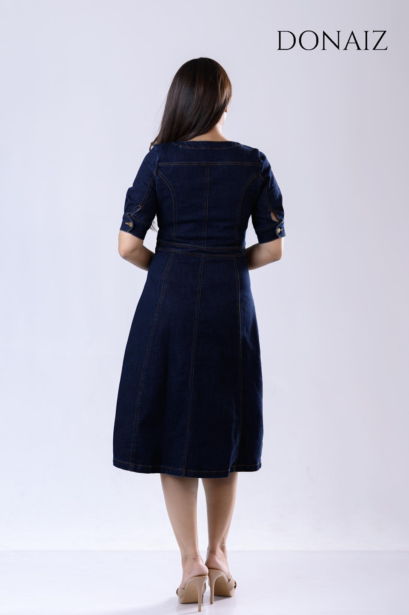DONAIZ Elegant denim midi dress with short sleeves