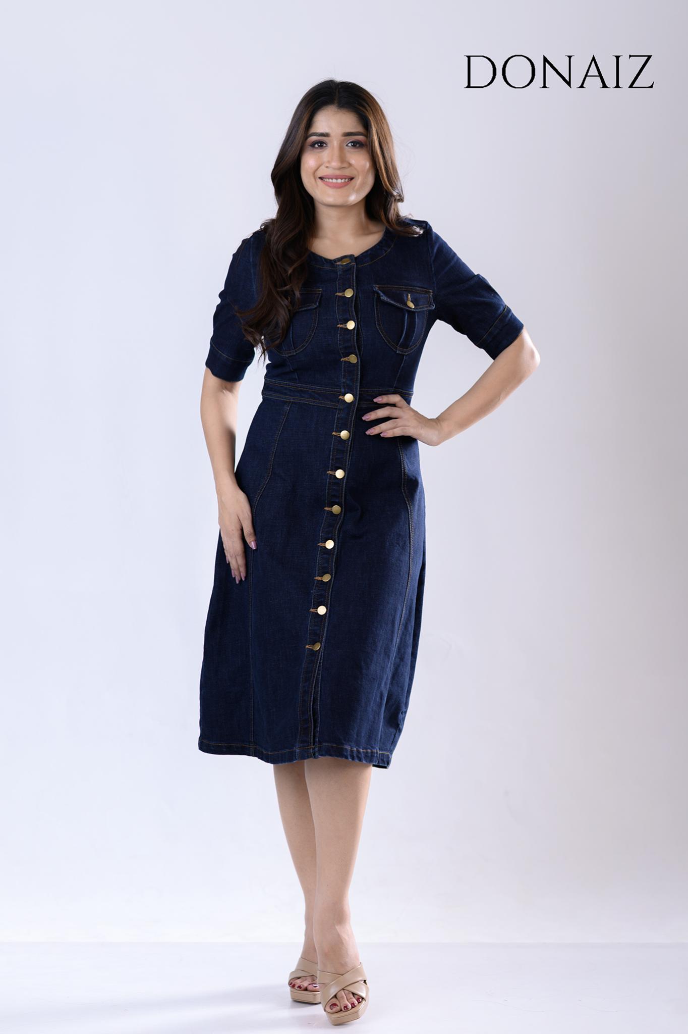 DONAIZ Elegant denim midi dress with short sleeves