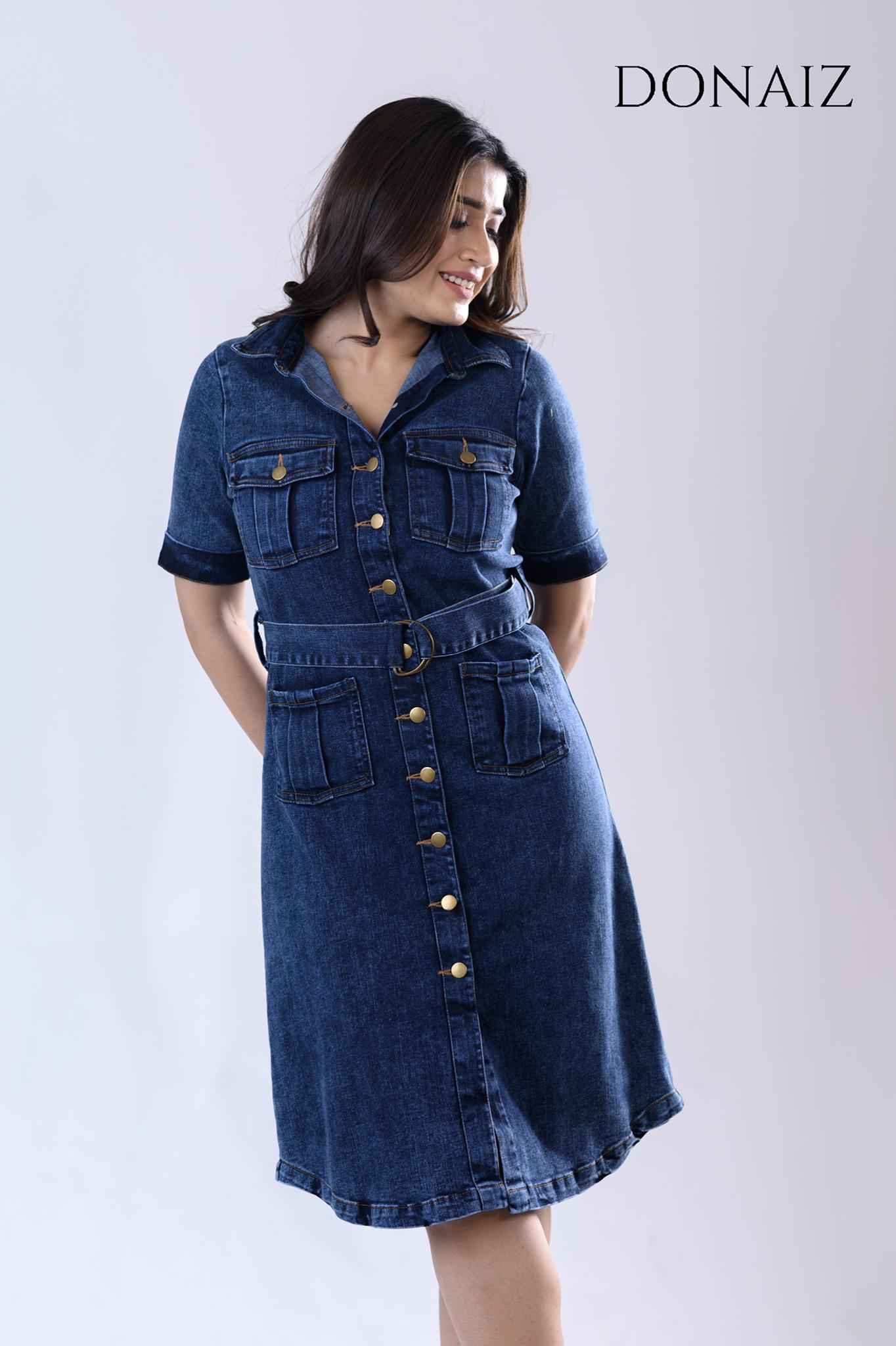 DONAIZ Solid Blue Pleated Pocketed Shirt Dress with Belt
