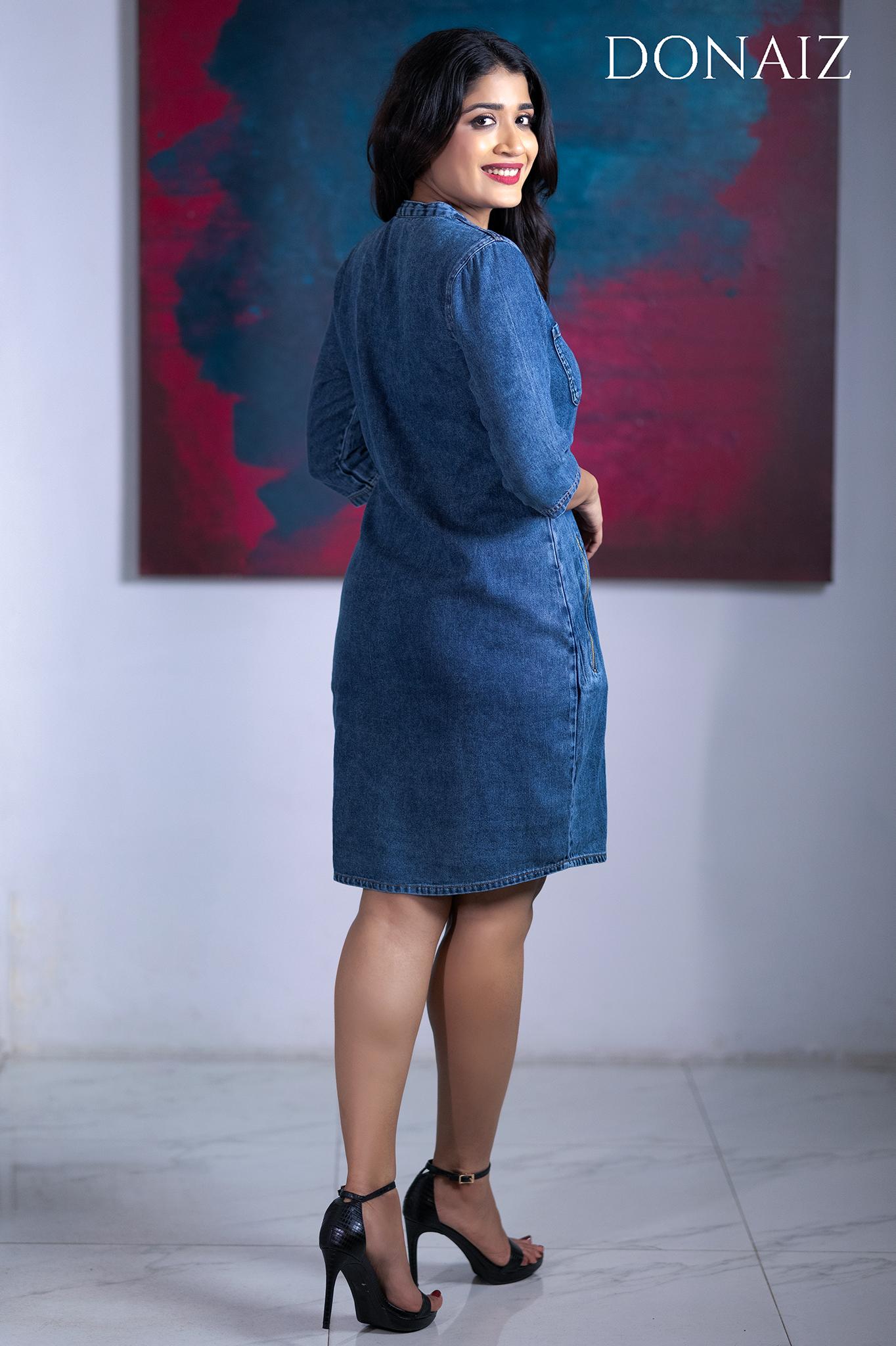 Zipper Pocketed Medi Denim Dress