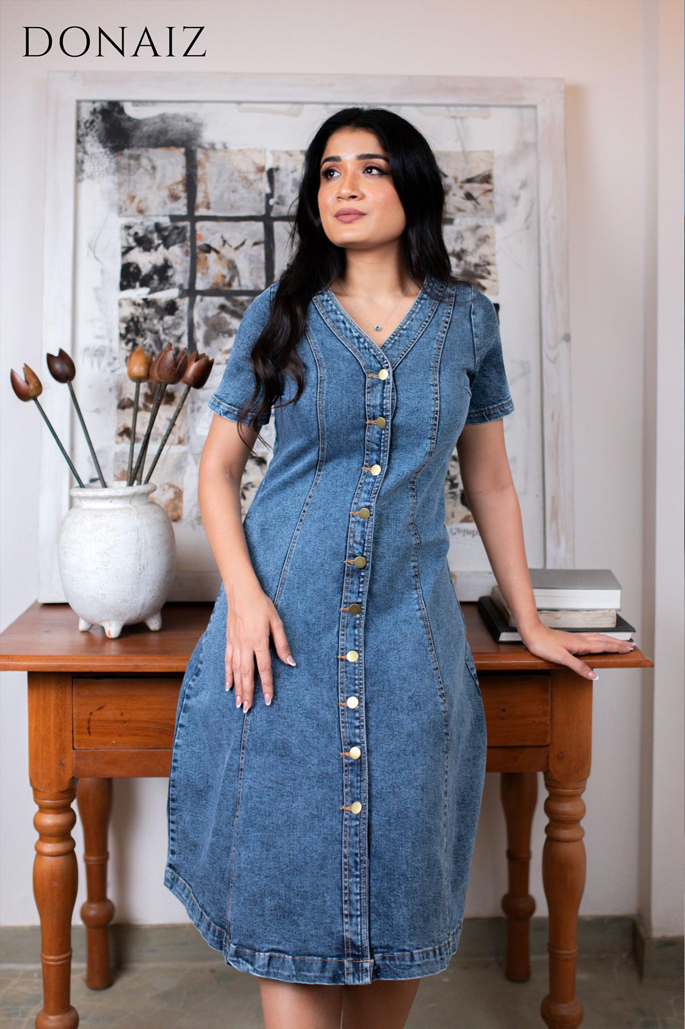 V neck fit and flare midi Denim dress